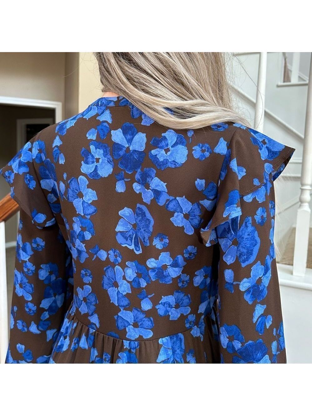 Adorable brown blue floral peasant midi dress - Picture 11 of 12